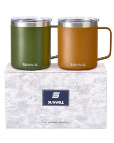 two coffee mugs sitting on top of a white box with the words sun will