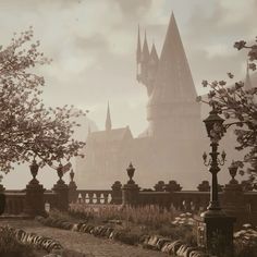 an image of a castle in the distance with trees and flowers on either side of it