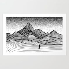 a black and white drawing of mountains with a person walking in the distance