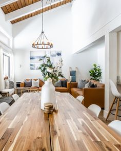 a wooden table sitting in the middle of a living room