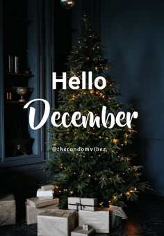 a christmas tree with presents under it and the words hello december