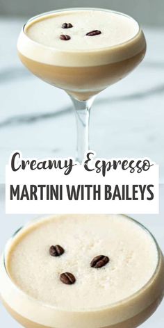 two glasses filled with liquid and coffee beans on top of each other, the words creamy espresso martini with baileys