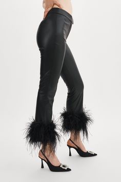 These cropped length trousers are crafted from luxurious faux leather, designed with a high-rise, straight-leg fit and adorned with flouncy feather detailing at the hem. Pair them with the GALIA blazer to elevate your glamour. Feather Pants, Eras Outfits, Feather Trim, Fashion 2024, Black Xs, Winter Fashion Outfits, Mardi Gras, Fall Fashion, Over Knee Boot