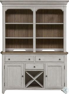 a white china cabinet with two doors and drawers