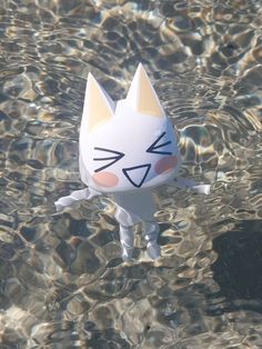 a white cat floating in the water with its eyes closed and tongue out, looking at the camera