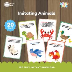 four cards with different animals on them and the words in each card are also included