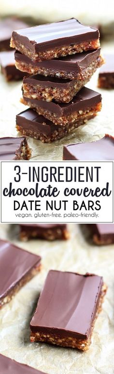 chocolate covered date nut bars stacked on top of each other with text overlay reading 3 - ingredient chocolate covered date nut bars