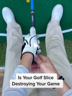 a person holding a golf club in their hand with the text is your golf slice destroying your game?