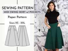 a woman wearing a black top and green skirt, with the sewing pattern below her