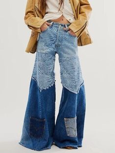 Patchwork High Waist For Female Denim Pants Slimming Hit Color Wide-legged | eBay Ropa Upcycling, Wide Legged Jeans, Denim Decor, Streetwear Jeans, Trendy Jeans, Patchwork Denim, Patchwork Jeans, Trouser Style, Flare Trousers