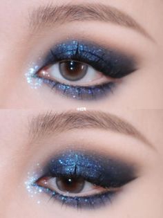 Eyeshadow look collection Dark Blue Glitter Eye Makeup, Silver And Blue Eyeshadow Looks, Nighttime Eyeshadow Looks, Blue Sparkly Eyeshadow Looks, Dark Blue And Silver Eyeshadow, Dark Blue And Black Eyeshadow, Dark Blue Glitter Eyeshadow, Navy Blue Glitter Eye Makeup, Dark Blue Homecoming Makeup