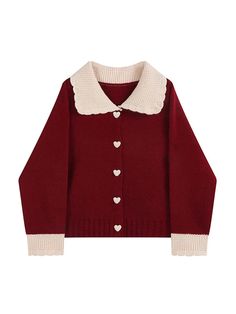 45921677410563 Red Cardigan Sweater, Doll Collar, Korean Streetwear, Heart Button, Y2k Clothing, Y2k Clothes, Collar Cardigan, Red Cardigan, Red Sweater