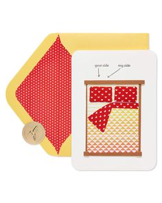 a card with an image of a red and white polka dot quilt on it next to a yellow envelope