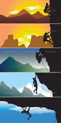 the silhouettes of climbers climbing up and down mountains at sunset or sunrise time