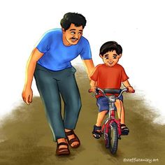 an image of a man helping a little boy ride a bike