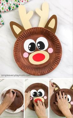 paper plate reindeer craft for kids with instructions to make the nose and antlers on it