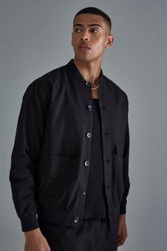 Linen Mix Smart Oversized Cargo Bomber Jacket | boohooMAN USA Classic Black Outerwear With Buttoned Pockets, Formal Black Outerwear With Buttoned Pockets, Urban Long Sleeve Blazer For Work, Workwear Outerwear With Buttoned Pockets And Stand Collar, Button-up Streetwear Outerwear With Welt Pockets, Urban Outerwear With Stand Collar For Work, Stand Collar Outerwear With Buttoned Pockets For Work, Black Outerwear With Buttoned Pockets For Work, Black Workwear Outerwear With Buttoned Pockets