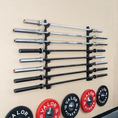 Barbell Rack Garage Gym Design, Barbell Storage, Clean And Organized Home, Gym Rack, Wall Mount Storage, Dream Home Gym, Gym Design Interior, Home Gym Garage, Workout Room Home