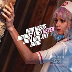 a woman with pink hair is holding a rock and has a quote on it that says, who needs brains? they never did a girl any good