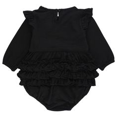 This adorable romper is composed of soft knit cotton for a comfortable fit and includes three tiers of signature rear ruffles on the back. This romper is so versitile and can be worn during fall festivities or to complete this years halloween costume. This romper will be her new go-to this season! Spring Long Sleeve Ruffled Onesie, Cotton Ruffle Onesie For Playwear, Cotton Onesie With Ruffles For Playwear, Solid Cotton Bodysuit With Ruffles, Cotton Ruffled Bodysuit For Playwear, Cotton Bodysuit With Ruffles For Playwear, Cute Long Sleeve Onesie With Ruffles, Cute Cotton Bubble Romper With Ruffle Hem, Spring Onesie With Ruffles In Solid Color