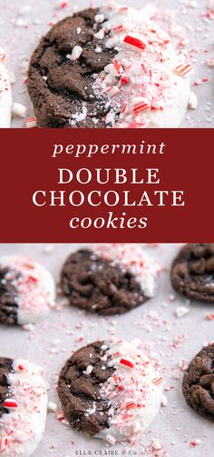 peppermint double chocolate cookies with white and red sprinkles on top