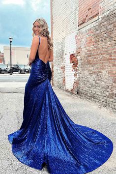 Make a grand entrance in the Straps Mermaid Prom Dress with Slit in Royal Blue. This dress is made from luxurious sequin fabric that shimmers with every movement, reflecting light for a dazzling effect. The rich Royal Blue color enhances the dress's vibrant appeal, making it a perfect choice for those who want to stand out. The dramatic slit adds a hint of allure, allowing for ease of movement and a touch of sophistication. While the sweep train flows gracefully behind you, adding a touch of gla Tight Bra, Sparkly Prom Dresses, Mermaid Prom Dress, Spaghetti Strap Prom Dress, Custom Prom Dress, Mermaid Fashion, Cheap Prom Dresses, Mermaid Prom Dresses, Long Prom Dress