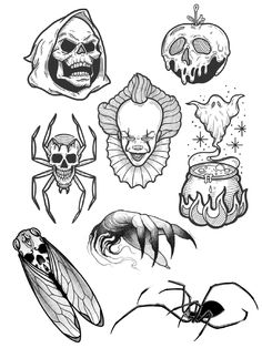 various halloween tattoos on a white background