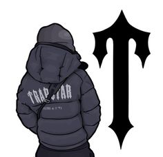 a drawing of a person wearing a hoodie and standing in front of an arrow