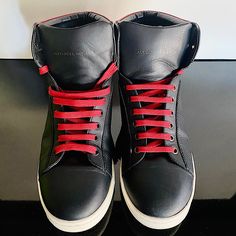 Authentic Alexander Mcqueen Leather High-Top Sneakers With Red Backing, Black Exude Undeniable Cool. They Are Crafted In Luxe Italian Leather. Hard To Come By. Leather Upper & Lining. Rubber Sole. Only Worn A Few Times To Museum Events 9/10. Purchase Comes With Dustbag, Shoebox, And Tissue. Custom Black Leather Sneakers With Rubber Heel Cap, Black Lace-up Custom Sneakers In Calf Leather, Modern Leather High-top Sneakers With Red Sole, Red Sole Leather High-top Lace-up Sneakers, Leather High-top Sneakers With Red Sole, Black Leather High-top Sneakers With Red Sole, Luxury Black Custom Sneakers With Rubber Heel Cap, Designer Leather High-top Sneakers With Red Sole, Red Leather High-top Sneakers With Laces