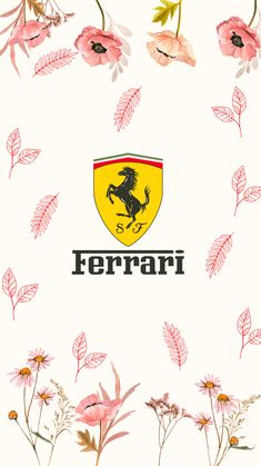 the ferrari logo surrounded by pink flowers and leaves on a white background with red lettering