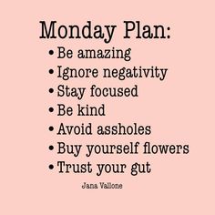 the words monday plan are written in black and white on a pink background with an image of