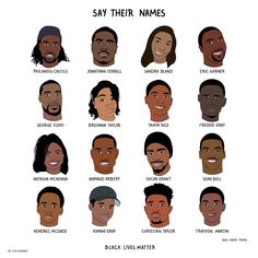 the faces of black men with different facial expressions and names on each face, all smiling