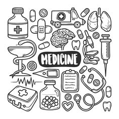 medicine icons arranged in a circle with the word medicine written on it and various medical items surrounding