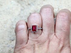 2ct Hemera 6x8mm Ruby Emerald Cut Engagement Ring & Diamond Halo Ring Emerald Cut Engagement Ring Diamond, Emerald Halo, Emerald Cut Engagement Ring, White Sapphire Engagement Ring, Emerald Cut Engagement, Ring Ruby, Engagement Ring Diamond, Emerald Cut Rings, Diamond Halo Ring