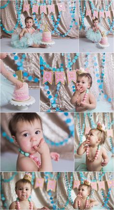 a collage of photos with baby's first birthday cake