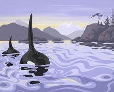 an image of two large animals swimming in the water with mountains and trees behind them