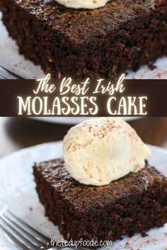 the best irish molasses cake is topped with whipped cream