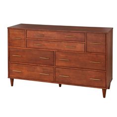 a wooden dresser with gold handles and drawers on it's sides, against a white background