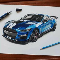 a drawing of a blue mustang car with stripes on it's body and hood