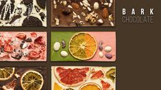 four different types of food are shown in this collage with the words bark chocolate