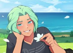 a man with green hair and blue eyes is holding a flower in his right hand