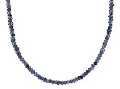 Approximately 24.80ctw 3mm-3.5mm rondelle iolite bead rhodium over sterling silver single strand necklace. Measures approximately 1/8"W. Lobster clasp. 2" extender. Sapphire Rondelle Gemstone Beads Jewelry, Formal Rondelle Faceted Beads Jewelry, Faceted Sapphire Briolette Necklace, Faceted Briolette Sapphire Necklace, Sapphire Beaded Rondelle Jewelry, Sapphire Polished Round Beads Jewelry, Sapphire Jewelry With Faceted Round Beads, Jewellery Marketing, Jewelry Television