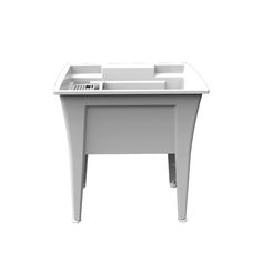 a white plastic desk with drawers on the top and one drawer at the bottom, in front of a white background