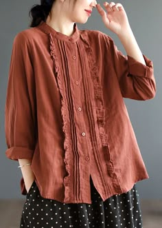 Boho Khaki Ruffled Solid Color Cotton Shirt Tops Spring Casual Ruffle Button-up Blouse, Casual Ruffled Button-up Blouse, Relaxed Fit Long Sleeve Ruffled Blouse, Long Sleeve Ruffled Blouse With Relaxed Fit, Long Sleeve Ruffle Blouse With Relaxed Fit, Ruffled Long Sleeve Relaxed Fit Blouse, Casual Long Sleeve Ruffle Shirt, Casual Blouse With Ruffled Collar, Fall Button-up Ruffled Shirt