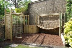 a screen shot of an outdoor area with a hammock and garden furniture on it