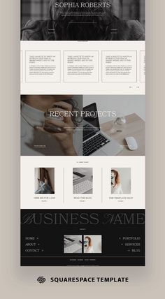 the website design for squarespace is shown in black, white and grey colors scheme