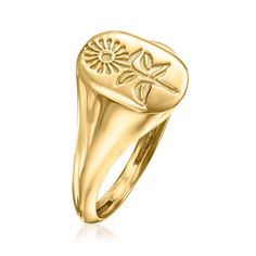 Ross-Simons - Italian 14kt Yellow Gold Sunflower Signet Ring Size 5. From Italy, this classic 14kt yellow gold signet ring is adorned with a lovely sunflower, said to represent happiness and a long life. Treat yourself to this floral favorite as a reminder of all the good things to come. Textured and polished finishes. 3/8" wide. 14kt yellow gold sunflower signet ring. Gold Signet Ring, Signet Ring, Sunflower, Ring Size, Yellow Gold, Things To Come, Yellow, Floral, Gold