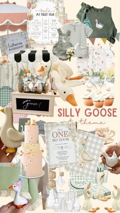 a collage of baby goods and other items with the words silly goose on it