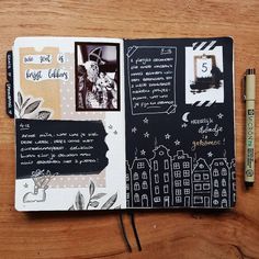 an open notebook with black and white images on it, next to a marker pen