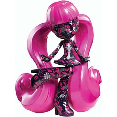 a pink doll with black and white designs on it